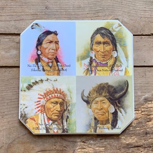 May include: A collage of four portraits of Native American chiefs. Each portrait features a different chief with their name and tribe listed below. The chiefs are depicted in traditional attire with headdresses and feathers.