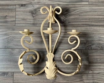Rustic Painted Metal Wall Candelabra - Holds 3 Taper Candles -  Mounting off Centre - Leaf Motif - Imperfect Finish