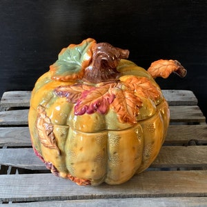 Fabulous Pumpkin Soup Tureen, Style Eyes by Baum Bros ACORN COLLECTION, Embossed Acorns & Leaves, Ceramic Covered Soup Server with Ladle