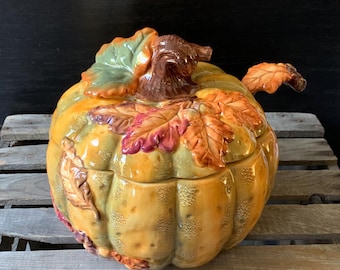Fabulous Pumpkin Soup Tureen - Style Eyes by Baum Bros ACORN COLLECTION - Embossed Acorns & Leaves - Ceramic Covered Soup Server with Ladle