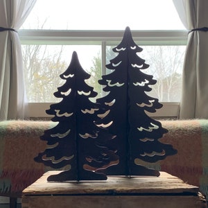 2x Metal Evergreen Trees, Standing Tin Pine Trees, Dark Brown & Bronze, 15” and 11-1/2” Tall Trees, Stand Up Decorative Rustic Trees
