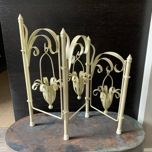 Folding Metal Candle Holder, 3 Hanging Flower Like Holders, Painted Metal Bamboo Design, Divider Screen Candelabra, Tea Light Candle Holders