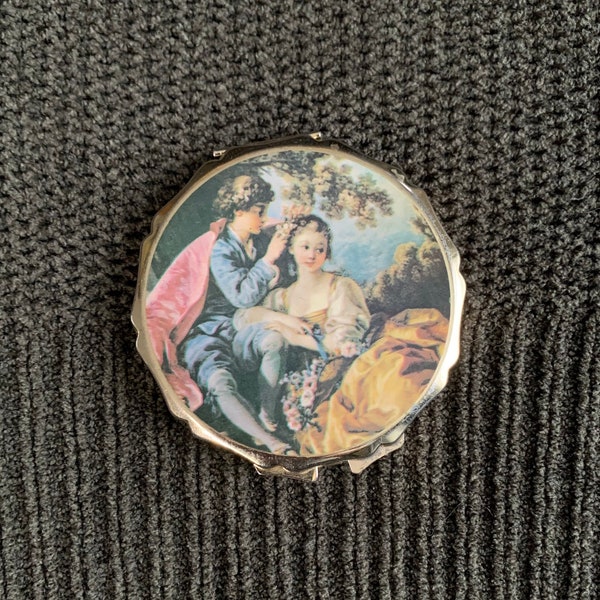 Japan, Victorian Brass Pill Box, Divided Pill Box Compact, Portable Travel Pill Bar, Flip Open Pocket Pill Container, Courting Couple Scene