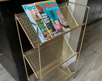 MCM 3 Tier Magazine Rack, Mid Century Book Shelf, Gold Metal Stacked Magazine / Book Holder, Fabulous Gold Wire Shelves