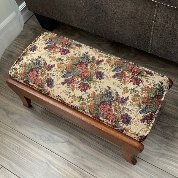 Vintage Tapestry Foot Stool / Seat, Multi Coloured Fabric Stool with Wooden Frame & Legs, Mid Century Cushioned Foot Stool, 19-1/4” Length