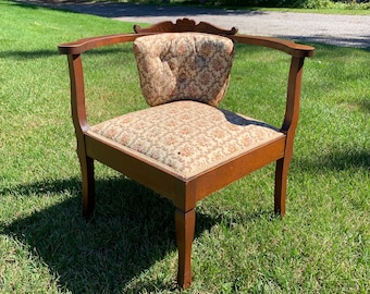 PICK UP ONLY Beautiful Vintage Corner Chair, Wood and Fabric Chair on Wheels, Carved Wood Detail, Chair for Corner on Castors