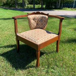 PICK UP ONLY Beautiful Vintage Corner Chair, Wood and Fabric Chair on Wheels, Carved Wood Detail, Chair for Corner on Castors