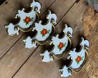 4x Brass Drop Bail Drawer Pulls, Thin Brass with White Enamel & Flower, Vintage Drawer Hardware, Salvaged Brass Pulls, Moveable Handles