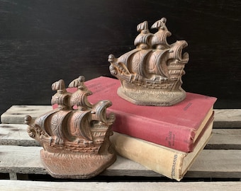 Pair of Antique Cast Bronze Ship Book Ends, Heavy Solid Bronze Sail Boats, Shelf Display, Library, Office, Bookshelf Decor, Bronze Bookends