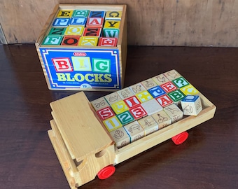 Wood Blocks for Kids, Your Choice - 47 BIG BLOCKS in box, Truck with 27 Blocks, Alphabet Blocks, Number Blocks, Picture Blocks