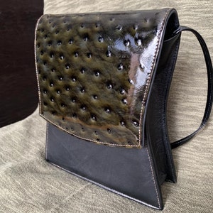 Gorgeous Italian Handmade Ostrich Leather Purse - NOS Flap Purse and Strap - Smooth Soft Black Leather with Green Toned Real Ostrich Top