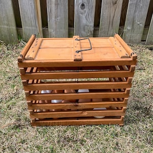 Antique Wooden Egg Crate, Wood Slatted Box with Slide Lid & Metal Handle, Carrying Egg Holder, Egg Basket, Fabulous Rustic Farmhouse Decor