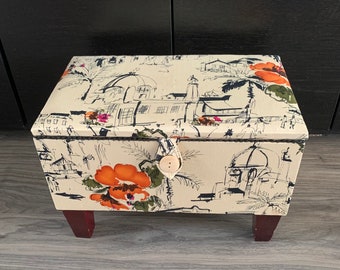 Pretty Fabric & Wood Sewing Box, 13” x 8” Asian Inspired Box with Removable Tray, Sewing Storage Box on Legs, Some Subtle Surface Stains