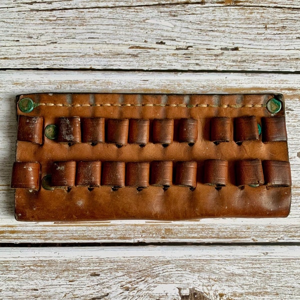 Vintage Leather Ammo Holder, Ammunition Pouch, Rifle Cartridge Holder, Hunting Belt Pouch, Leather Holder Slides on Belt, Has been Wet