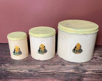 Vintage Canister Set - Storage Tins - Nesting Canisters for Flour Sugar & Tea - Vintage Kitchen - Lids Painted and Writing on 2