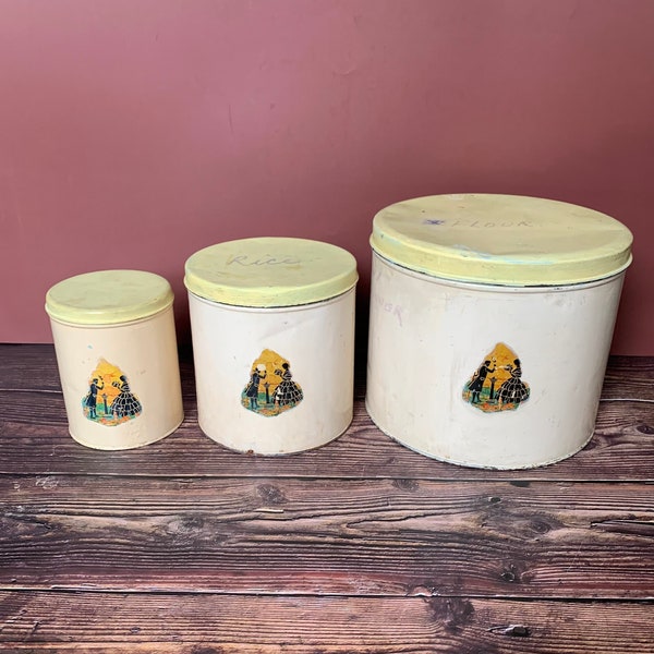 Vintage Canister Set, Storage Tins, Nesting Canisters for Flour Sugar & Tea, Vintage Kitchen, Lids Painted and Writing on 2, Shelf Display