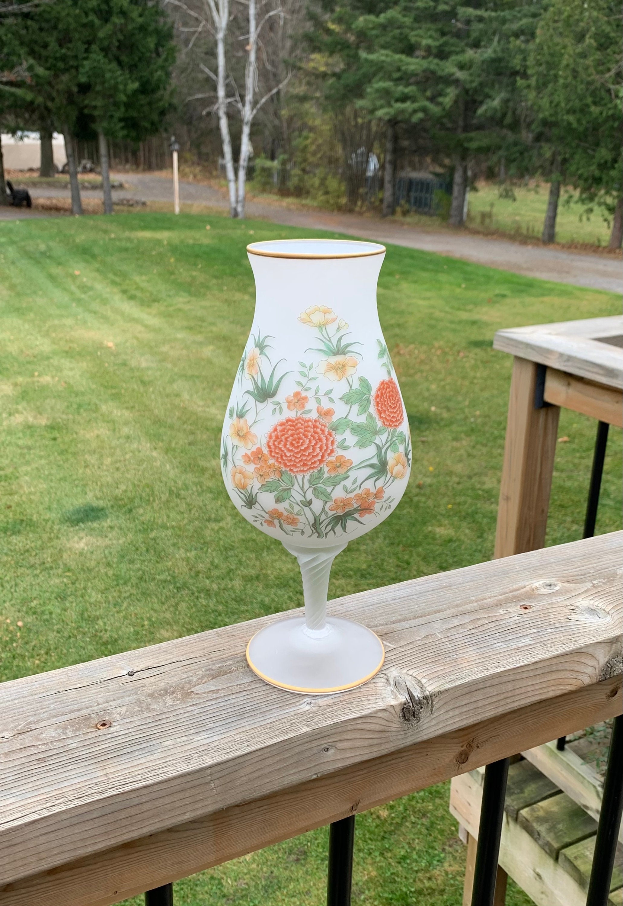 Cased Satin Glass Vase, 11” Hand Blown Vase with Pretty Orange & Yellow Flowers and Green Leaves, Glass Pedestal Vase, Frosted White Vase