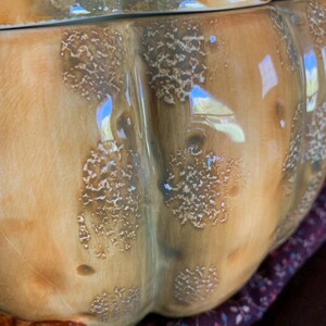 May include: A ceramic pumpkin-shaped cookie jar with a lid. The jar is decorated with a brown and green glaze and has a textured surface. The lid has a small leaf design.