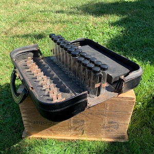 1930s Salesman Sample Case, Rounded Leather Case with Glass Bottles and Fastened Storage Box, Fabulous Old Leather Case, Latch twists 360deg