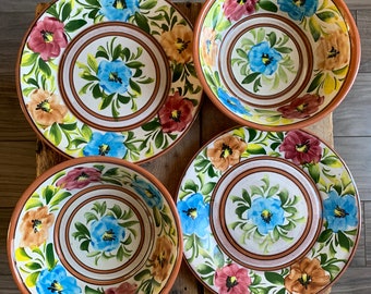 Handbemalte mexikanische Redware-Keramik - Florale Schalen und Teller - 4er-Set
