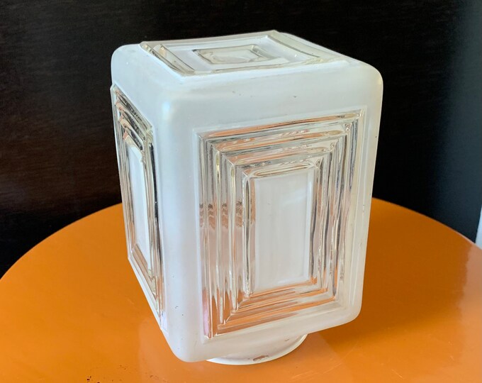1940s Art Deco Glass Lamp Shade, Square Frosted White & Clear Textured Glass, Glass Shade for