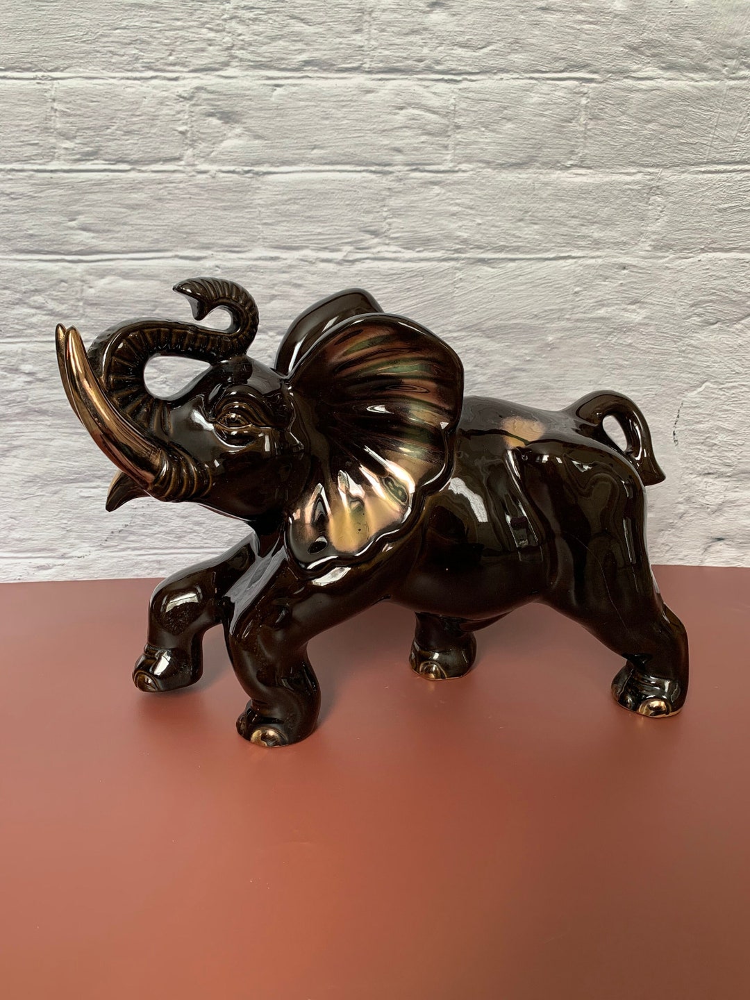 Large Ceramic Elephant Statue, Dark Brown & Gold Statue of an Elephant