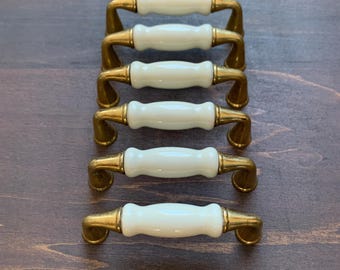 6x Vintage Brass & Porcelain Drawer Pulls - Brass Pulls with Cream Colored Porcelain Centers - Cabinet Hardware - 3” Centers - 6pc - Tarnish