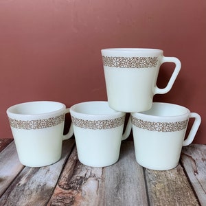 4x Pyrex Woodland Mugs, Milk Glass Mugs, Retro Brown Flowers & Leaves Pattern on White, Corning USA, MCM Coffee or Tea Mugs, Holds 300ml