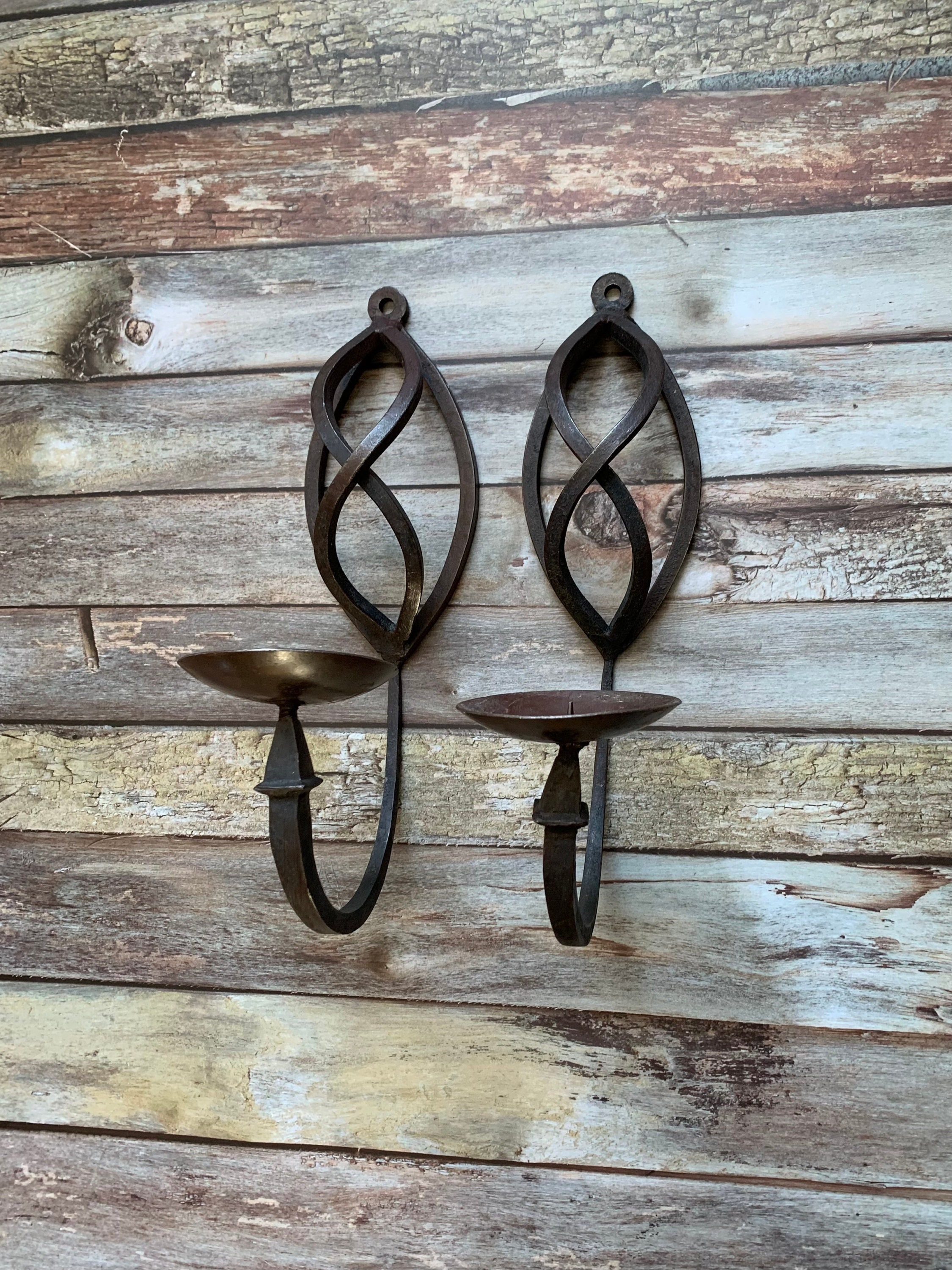 2x Rustic Wall Hanging Wrought Iron Candle Holders, Forged Iron