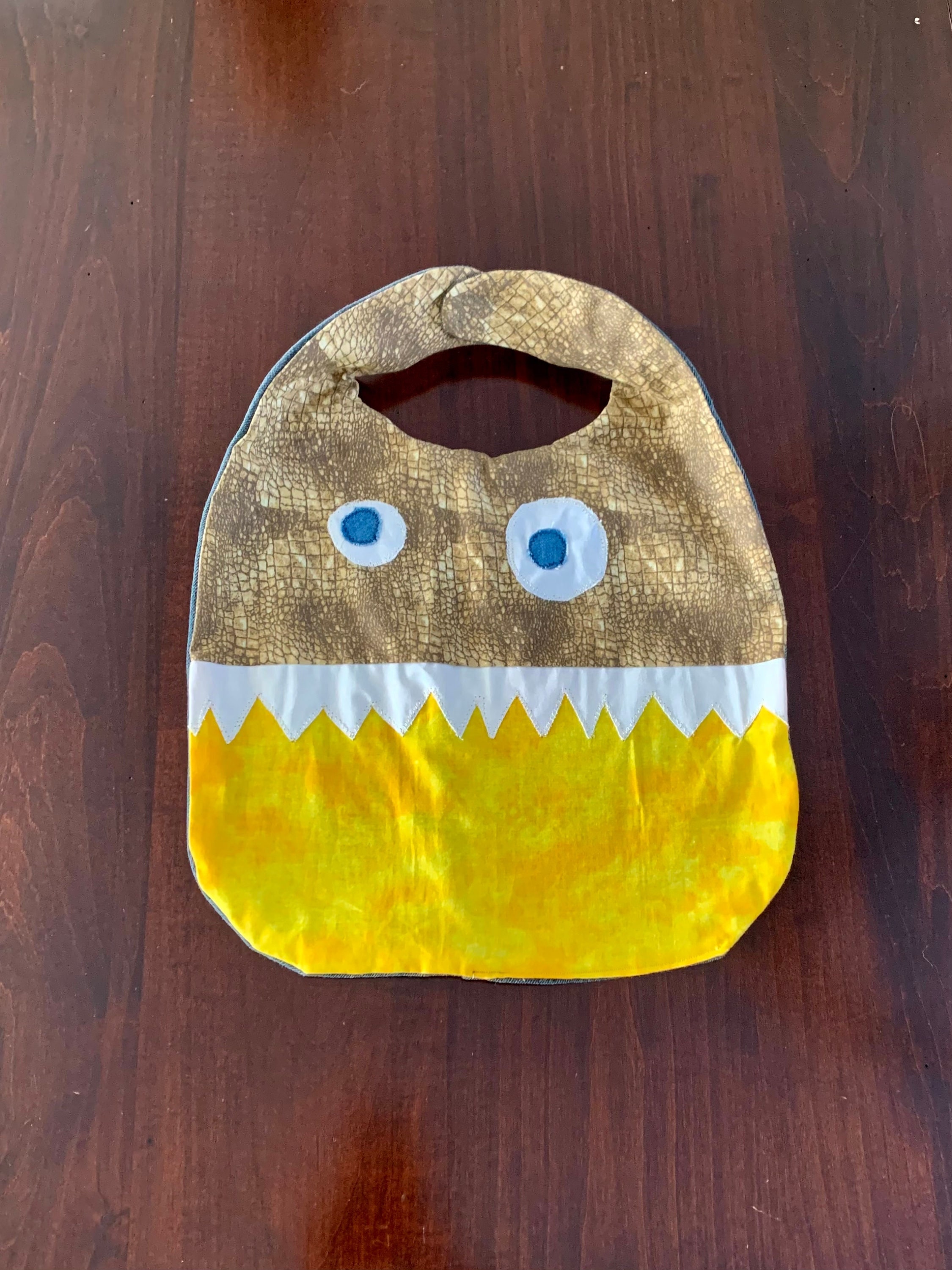Large Handmade Monster Bib, Made from Recycled Fabrics / Material, Cotton Blends with a Denim Back, Toddler Bib
