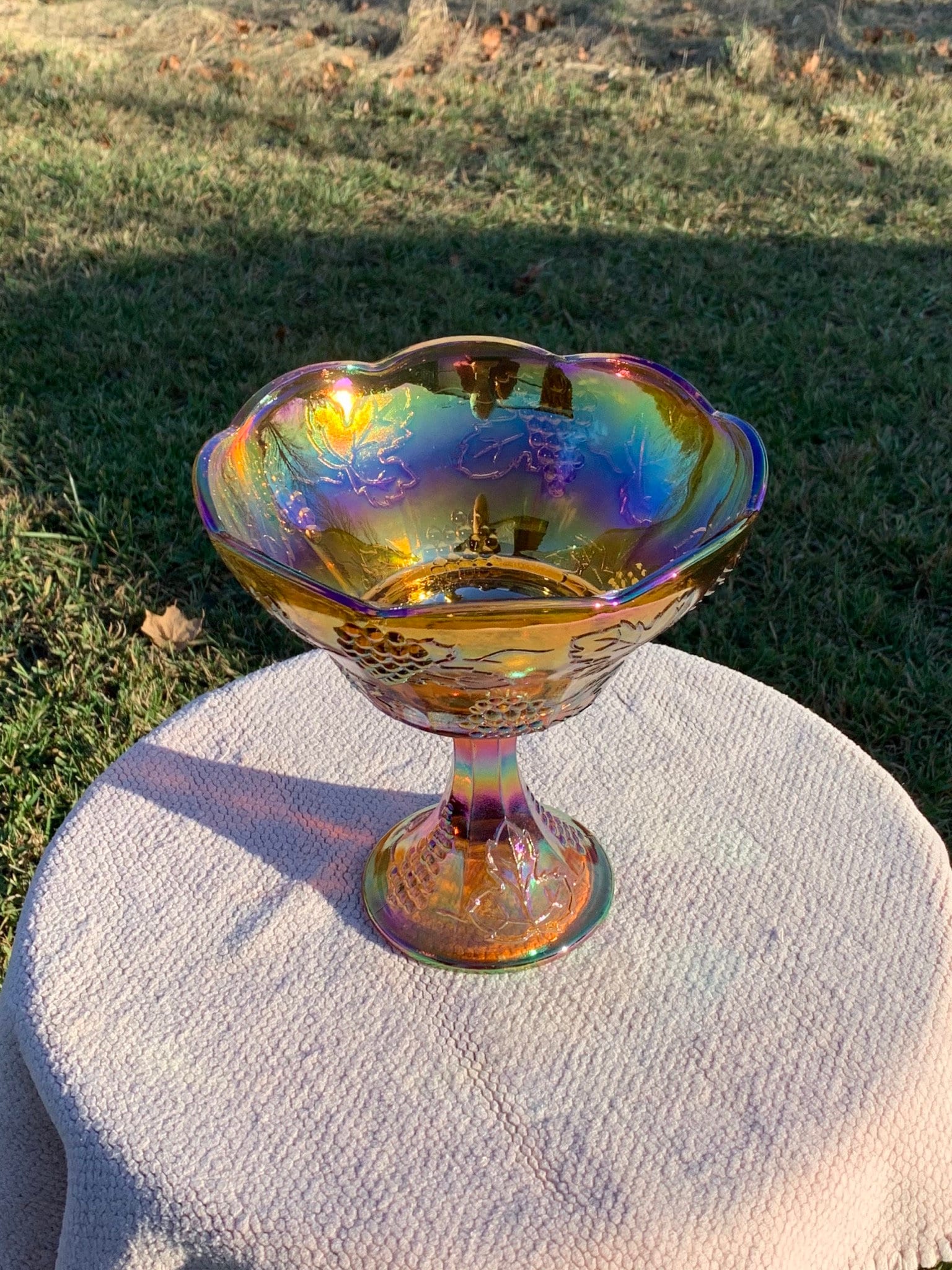 Beautiful Carnival Glass Pedestal Bowl Iridescent Gold Fruit Etsy
