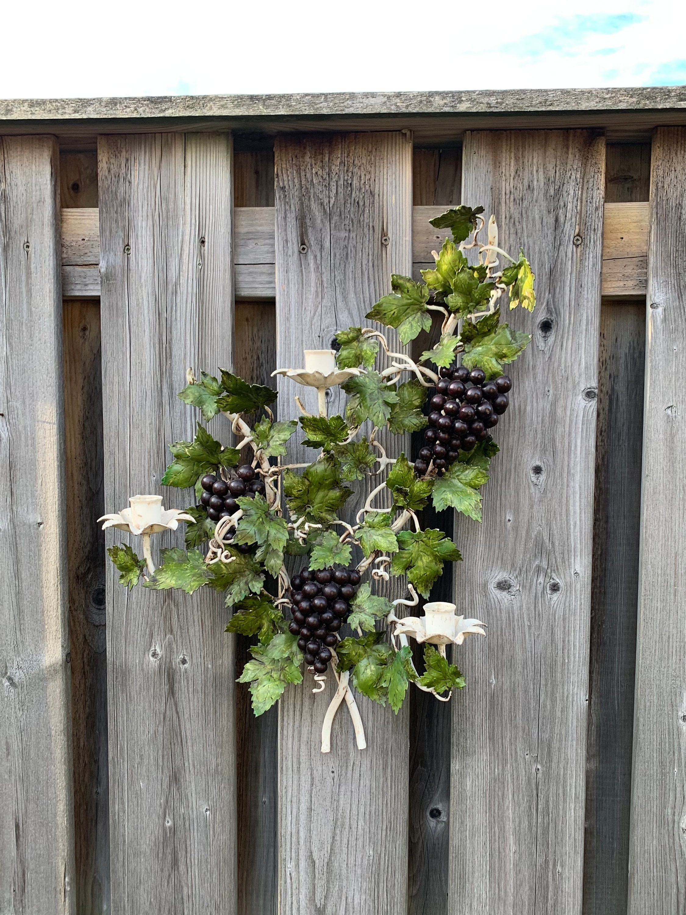 20.5” Tall All Metal Wall Mount Candelabra, Grapes & Leaves, Holds 3 Taper Candles, Shabby Aged Wall Hanging Candle Holder, Indoor / Outdoor