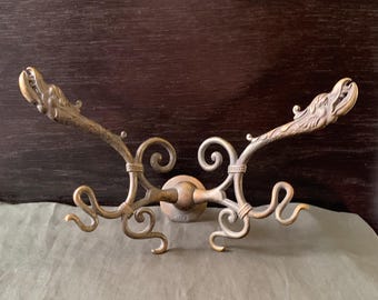 1x RARE Antique Solid Brass Dragon / Sea Serpent Double Hook - Wall Mount - Bolt Style Ornate Dragon Wall Hook - LARGE Unique Wall Decor