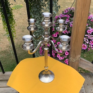 Silver Metal Candelabra - 18&quot; tall Hammered Silver Candle Holder - Holds 5 Candles