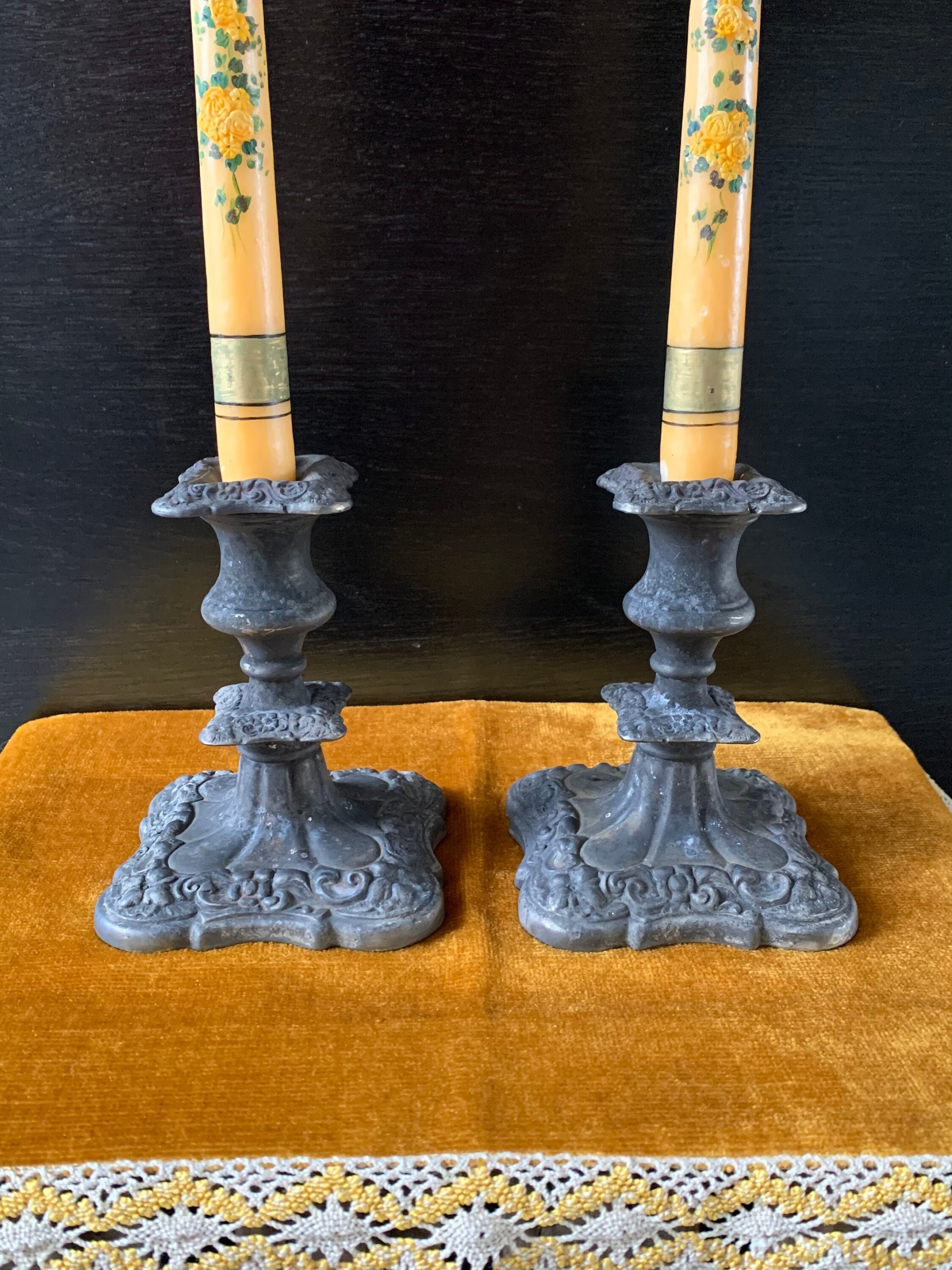 2x Sheffield Reproduction Silver Plated Candle Holders, Victorian Heavy Candlestick Holders, Gothic Decor, Completely Tarnished - Patina