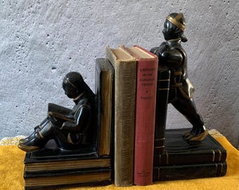 1950s Chalkware Bookends - Oriental Boy Standing on Books - Girl Sitting Reading on Books - Art Ware Bookends - Library - Bookshelf Decor