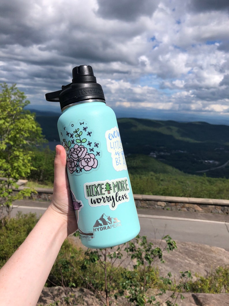 May include: A light blue reusable water bottle with a black lid and several stickers. The stickers include a floral design, a quote that says "every little thing is gonna be alright", a quote that says "hike more worry less", and a logo for the brand "Hydrapeak".