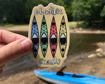 Adventure Awaits Sticker 3in Vinyl Sticker for Nature lover, Kayak, Outdoors, Water Bottle, Laptop