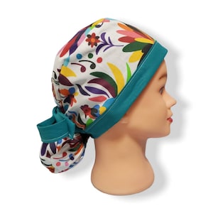 Mexican Embroidery Pattern Ponytail Surgical Scrub Cap Doctors, Veterinarian, Dentist, Chef, Nurse