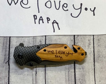 Personalized Olive Wood Pocket Knife, Laser Engraved Gift for Dad
