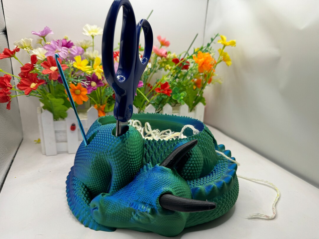 Horned Dragon Yarn Bowl, With Extra Holes 3D Printed Dragon Yarn Bowl With Horns Hobby Knitting