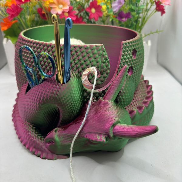 Cuenco de lana de dragón cornudo durmiente con agujeros para herramientas / Sin agujeros para herramientas / Impresión 3D / Accesorios de lana y ganchillo - Decoración de dragón
