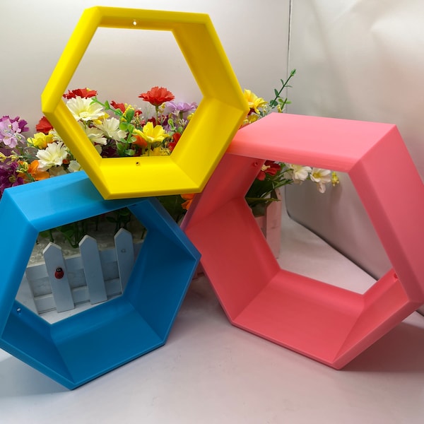 Ensembles d'étagères hexagonales flottantes | Imprimé en 3D | Décoration murale en nid d'abeille, Organiseur mural, Supports de plantes de ferme, Étagères géométriques
