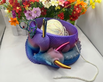 Horned Dragon Yarn Bowl With Tool Holes | 3D Printed | Dragon Yarn Bowl With Horns - Hobby Knitting - Crochet - Dragon Bowl