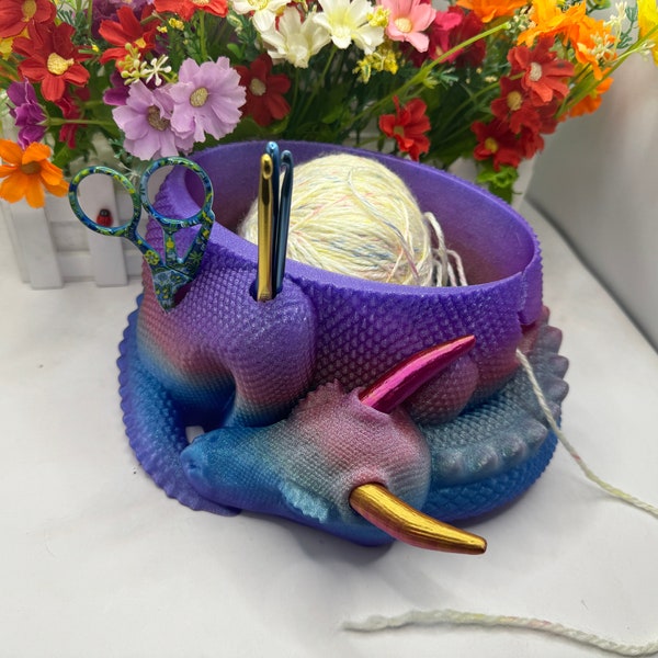 Horned Dragon Yarn Bowl With Tool Holes | 3D Printed | Dragon Yarn Bowl With Horns - Hobby Knitting - Crochet - Dragon Bowl