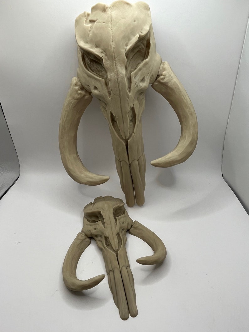 Peut inclure: Deux r&eacute;pliques de cr&acirc;nes Mandaloriens beiges. Le plus grand cr&acirc;ne pr&eacute;sente des d&eacute;fenses incurv&eacute;es et des traits faciaux d&eacute;taill&eacute;s. Le plus petit cr&acirc;ne reprend le design, offrant une version r&eacute;duite. Les deux sont pr&eacute;sent&eacute;s sur fond blanc.