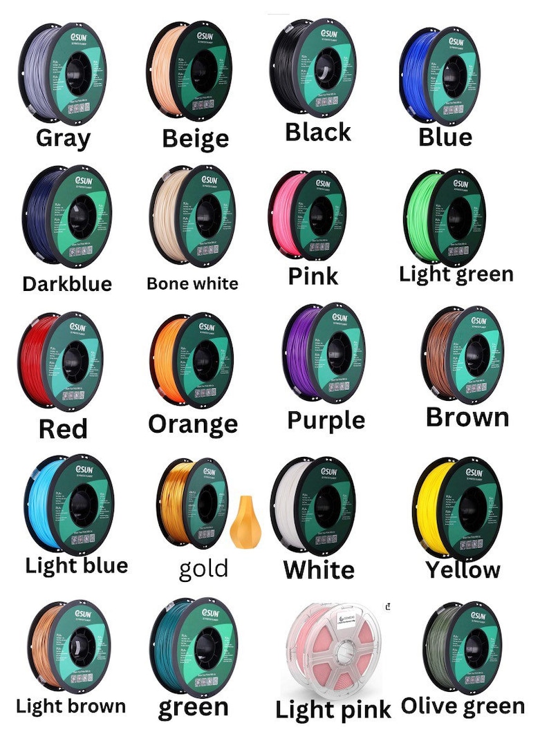 Peut inclure: Plusieurs bobines de filament pour imprimante 3D, de couleurs vari&eacute;es : gris, beige, noir, bleu, bleu fonc&eacute;, blanc cass&eacute;, rose, vert clair, rouge, orange, violet, marron, bleu clair, dor&eacute;, blanc, jaune, marron clair, vert, rose clair et vert olive.