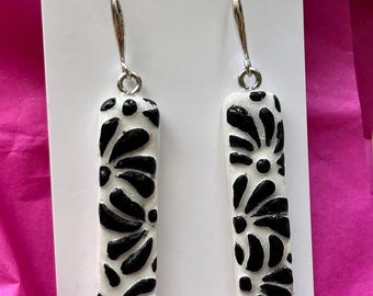 Talavera Style Earrings, Black and White Earrings, Mexican Earrings, Hispanic Earrings Mexican Jewelry, Polymerclay Jewelry