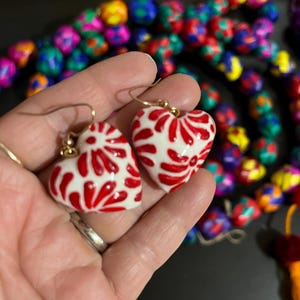 Talavera Puffy Hearts, Talavera Style Earrings, Red and White Earrings, Mexican Earrings, Mexican Jewelry, Polymerclay Jewelry image 2