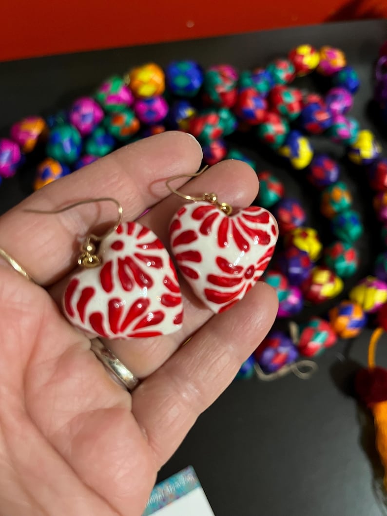 Talavera Puffy Hearts, Talavera Style Earrings, Red and White Earrings, Mexican Earrings, Mexican Jewelry, Polymerclay Jewelry image 2